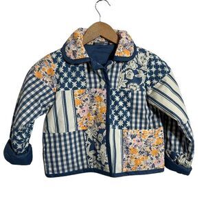Cat & Jack Girls Patchwork Quilted Jacket S 6/6X Blue Floral Button Up Collar